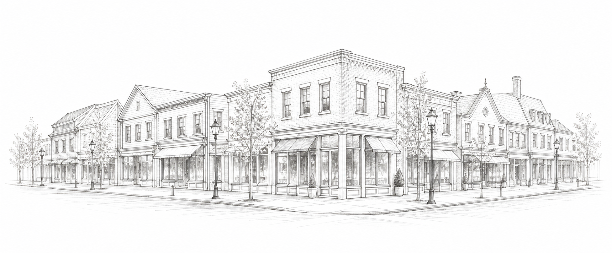 Shop New Canaan architectural illustration of downtown storefronts